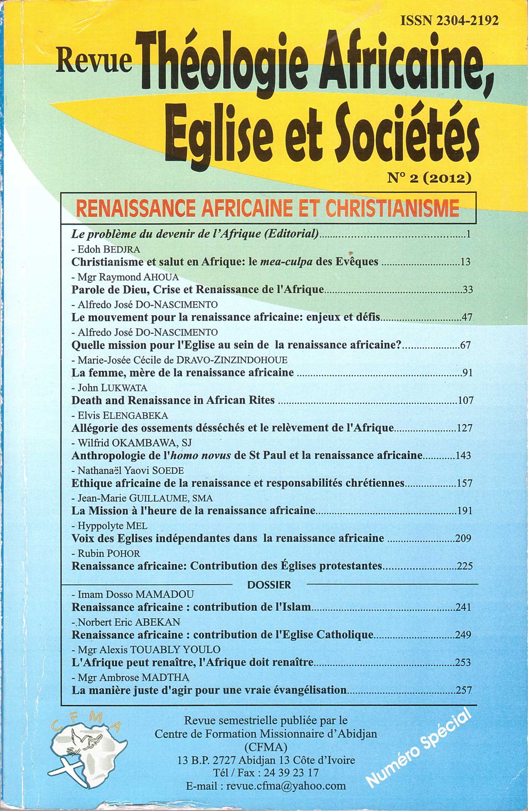 Revue Théologie Africaine, Eglise et Sociétés n°2 (2012)